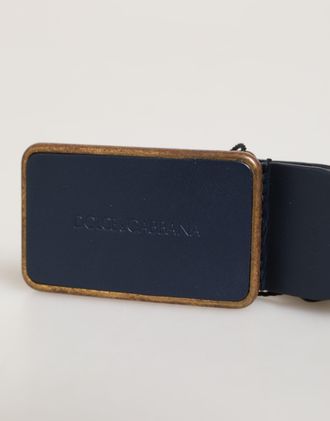 Dolce & Gabbana Mens Blue Leather Classic Metal Logo Buckle Belt Calf