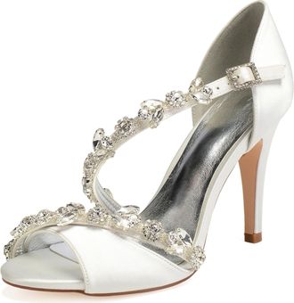 Generic Wedding Bridal Shoes Womens Heels Ankle Strap High Heels Heeled Open Toe Satin Bridal Stiletto Sandals 10.5Cm,Ivory,6 UK