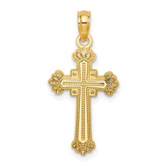 Diamond2Deal 14k Yellow Gold Textured Leaves On Edges Cross Charm Pendant