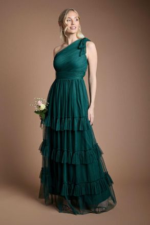 Oasis Womens by Coast Pleated Mesh One Shoulder Tiered Maxi Bridesmaid Dress - Emerald - Size 14 UK