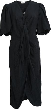 Sandro Sandro Puff Sleeve Tie Front Midi Dress in Black Linen