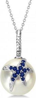 Allurez Freshwater Pearl Pendant w/ Sapphire Accented Starfish 14K White Gold 0.25cw