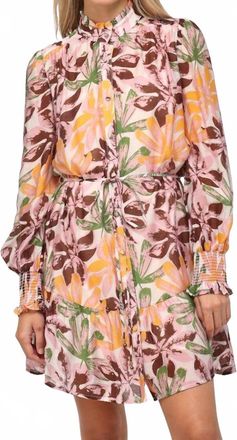 Fate Fall Flowered Long Sleeve Dress In Cream Pink Brown