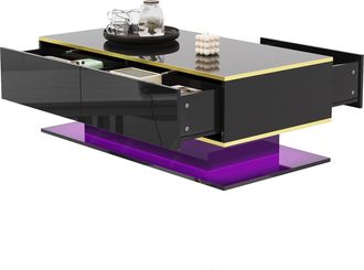 STILVORA Mesa De Centro Con 3 Cajones Y Led, Acabado Brillante, Con Tira Usb, Decoraci&oacute;n Dorada, De Tablero De Part&iacute;culas, Negro, 100&times;50&times;40 Cm