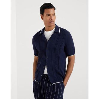 Brunello Cucinelli Mens Navy Cotton Short Sleeve Button Sweater, Size 46