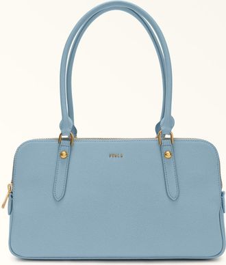 Furla Giulia Borsa Boston M Carta Da Zucchero Blu Pelle Stampata + Camoscio Donna