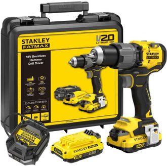 Stanley Sfmcd726d2k, Atornilladora Percutora Inal&aacute;mbrica 80nm Brushless, Sistema V20 18v, 2 Bater&iacute;as 2,0ah Incluidas, Cargador Y Malet&iacute;n, Negro Con Amarillo