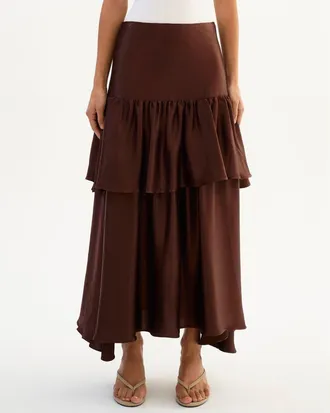 LaMarque CHALINA | Ruffle Satin Midi Skirt in Brown at Nordstrom, Size Xx-Small