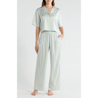 Open Edit Boxy Everyday Satin Pajamas in Blue- Green Charlie Stripe at Nordstrom, Size X-Small