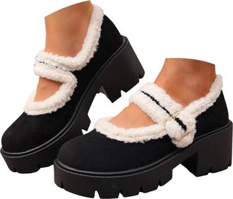 Generic Womens Ankle Boots Winter Mary Platform Boots - Warm Fleece Lined, Chunky Heel & Buckle Decor, Non-Slip Sole for Casual Daily & Street Style, Fashion 