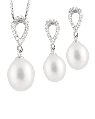 Splendid Pearls Rhodium Over Silver 7-9mm Pearl Necklace & Earrings Set