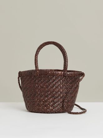 Reiss Chocolate Leather Woven Mini Tote Bag