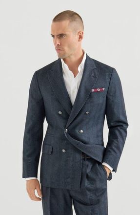 Brunello Cucinelli Cashmere and silk chevron flannel one-and-a-half breasted deconstructed blazer with metal buttons in Navy Blue at Nordstrom, Size