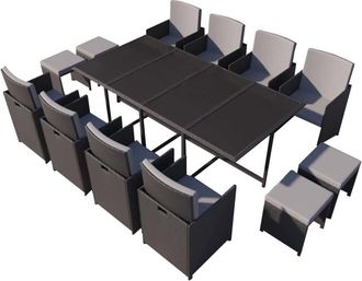 Concept Usine Salón de jardín de resina trenzada negra y gris de 12 plazas