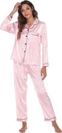 Generic Silk Satin Pyjamas For Women - Button Up Pyjamas For Women Uk Feather Floral Printed/Striped Pyjamas Sets Long Sleeve Nightwear Sleepwear Pj Sets Ches