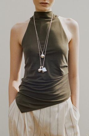 Mango Asymmetric Ruched Top in Khaki Green at Nordstrom, Size Medium