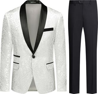 AlltheMen Mens 2 Piece Jacquard Suit One Button Tuxedo Slim Fit Shawl Collar Dress Suits White XXL