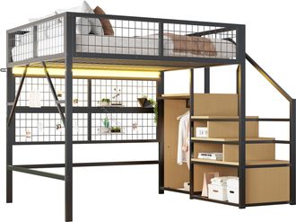 STILVORA Cama Alta 140 X 200 Cm, Cama Doble Con Led, Escalera Con Almacenaje Y Armario, Sin Colchon, Negra