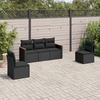vidaXL Set De Muebles De Jard&iacute;n 5 Pzas Y Cojines Rat&aacute;n Sint&eacute;tico Negro Vidaxl