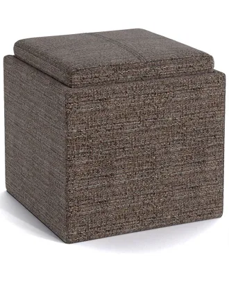 Simpli Home Rockwood 17in Contemporary Square Cube Storage Ottoman with Tray