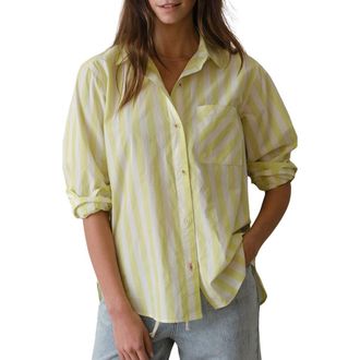 Marine Layer Jane California Relaxed Stripe Cotton Poplin Button-Up Shirt in Lime Stripe at Nordstrom, Size X-Large