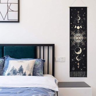 OEM Tapiz De Fases Lunares, Tapiz Floral Negro, Tapiz Decorativo Largo De Algod&oacute;n Bohemio Para Pared De Dormitorio, Negro 130 X 32,5 Cm