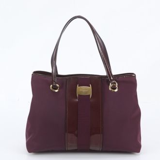 Ferragamo Purple Leather Canvas Handbag Shoulder Bag Tote Bag (Pre-Owned)