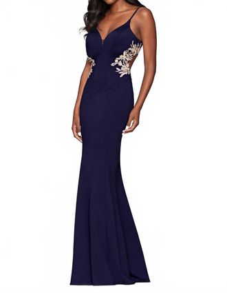 Faviana Jersey Cutout With Applique Gown In Navy/gold