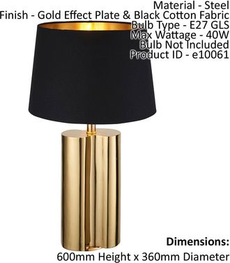 Loops Table Lamp Gold Effect Plate & Black Cotton Fabric 40W E27 Bedside Light