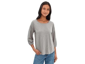 Mod-o-doc 3/4 Shirred Sleeve Open Crew Neck T-Shirts Womens Clothing Silver Frost : LG (US 12-14), Cotton