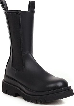 Generic Womens Pull on Mid-Calf Boots Block Heel Platform Short Boots Round Toe PU Leather Chelsea Boot,Black,4.5 UK