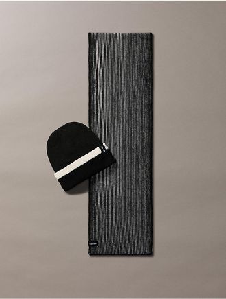 Calvin Klein Womens Ribbed Beanie and Scarf Gift Set - Black