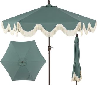 Jonathan Y Designs Collins 9 ft. Classic Cottage Fringe Tassel Market Patio Umbrella with Auto-Tilt Crank in Green/cream at Nordstrom