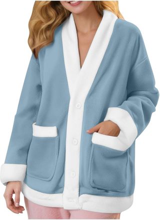 Generic Ladies Fleece Jackets,Bed Jackets for Women Fleece Bed Jacket for Women Uk Soft Casual Button Down V Neck Pyjamas Jacket Thickened Plush Home Wear Com
