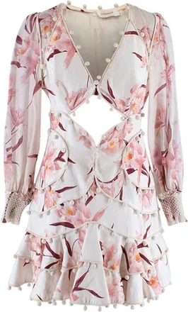 Zimmermann Floral Printed Cream Linen Mini Dress Size M