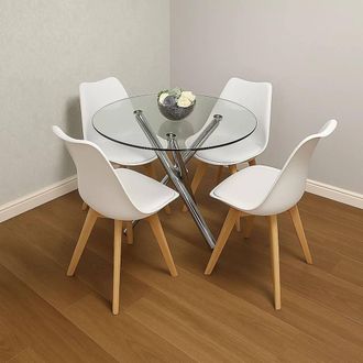 Kosy Koala Dining Set With Round Clear Glass Table & 4 white plastic chairs
