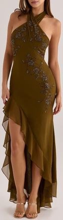 House of CB Raquel Georgette Halter Maxi Gown in Sage at Nordstrom, Size X-Large