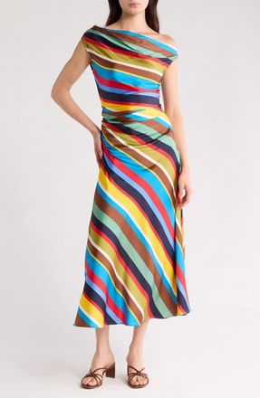 Staud Phare One-Shoulder Stretch Silk Midi Dress in Market Stripe at Nordstrom, Size 00