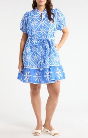 Sugarlips Alexie Floral Print Tie Waist Dress in Blue-Wht-Mul at Nordstrom, Size 3X