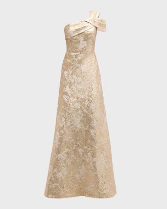 Teri Jon One-Shoulder Metallic Jacquard A-Line Gown
