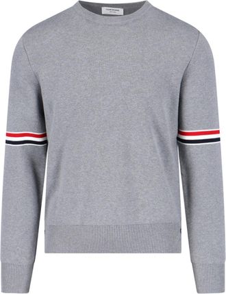 Thom Browne Grey Cotton Crewneck Sweater With Tricolor Grosgrain Highlights