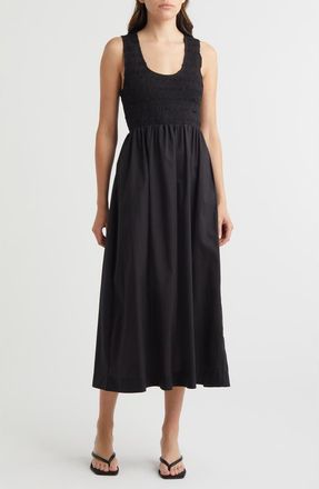 Faithfull The Brand Matera Smock Bodice Sleeveless Organic Cotton Midi Dress in Black at Nordstrom Rack, Size Medium