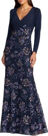 Mac Duggal Petite Floral Embroidered Jersey Long Sleeve Gown in Midnight Multi at Nordstrom, Size 14