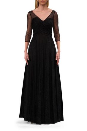 La Femme Rhinestone Tulle Gown with Full Skirt and Ruched Bodice in Black at Nordstrom, Size 12
