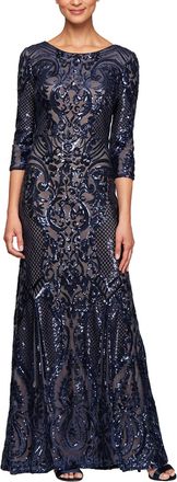 Alex Evenings Sequin 3/4 Sleeve Mermaid Dress In Navy