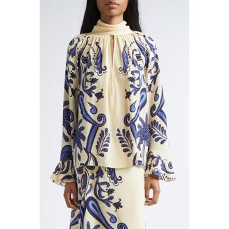 Johanna Ortiz Ritmo Sol Floral Paisley Silk Cr&ecirc;pe de Chine Top in Ecru /Navy at Nordstrom, Size 2
