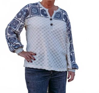 Multiples Drop Shoulder Y-Neck Top In Snow Leopard