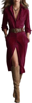 Generic Faux Suede Maxi Dress Long Sleeve Suede Button Down Fall Vintage Long Shirt Dress with Belt