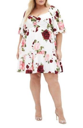 City Chic Mindy Rose Print Minidress in Dolce Ivory at Nordstrom Rack, Size 14W