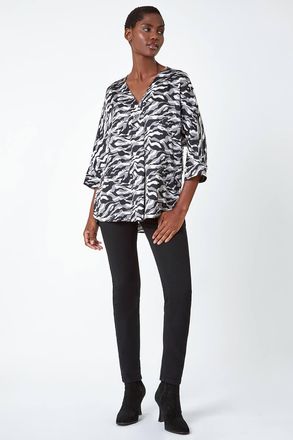 Roman Animal Print Button Detail V-Neck Top